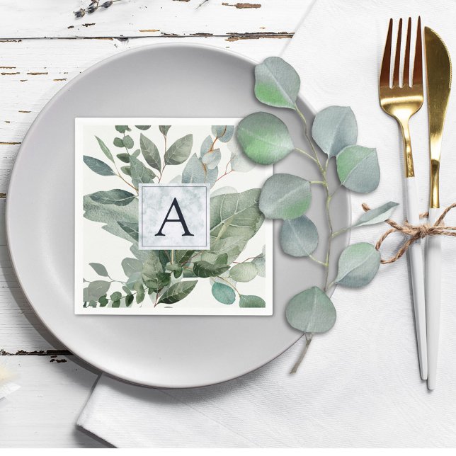 Monogrammed Tropical Green Eucalyptus Wedding Napkin (In situ Wedding reception)