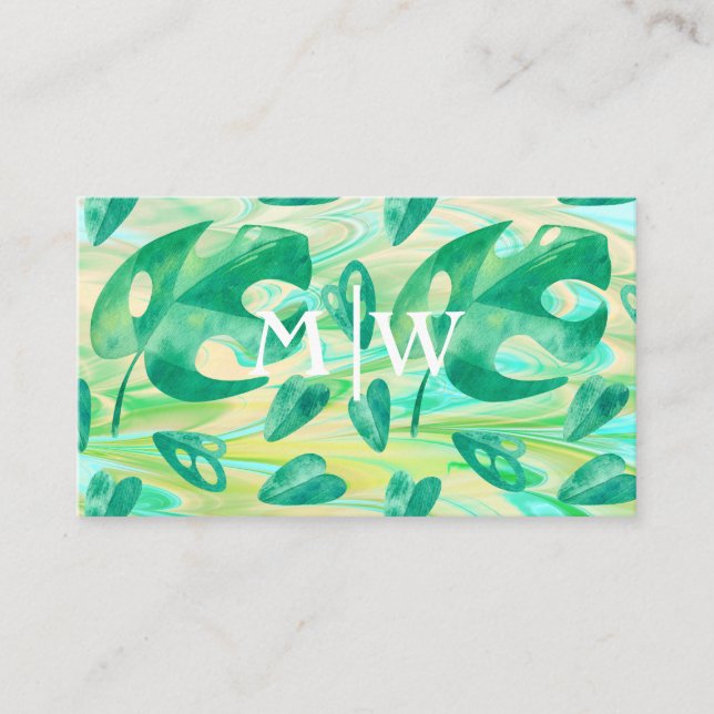 Monogrammed Tropical Monstera Leaf Green Luxury Business Card (Front)