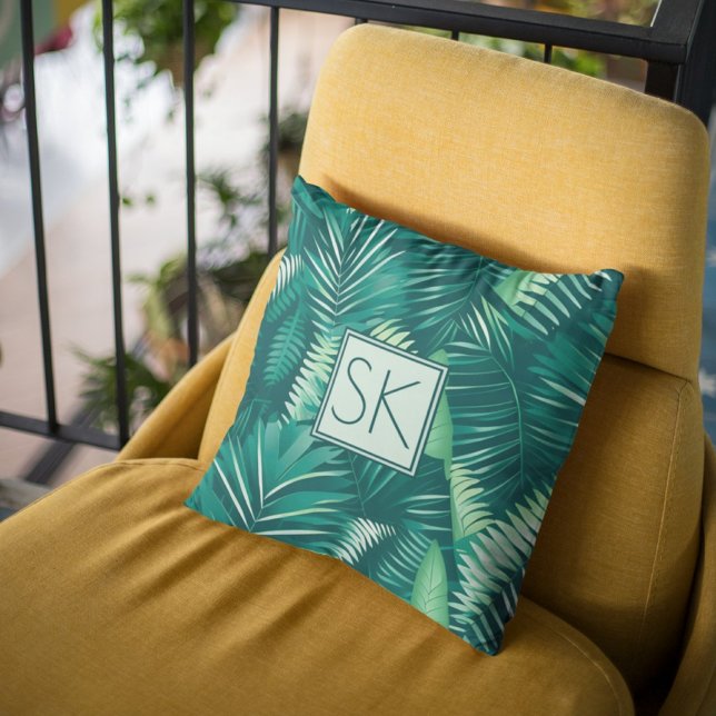 Monogrammed Tropical Palm Leaves Pattern Green Cushion (Creator Uploaded)