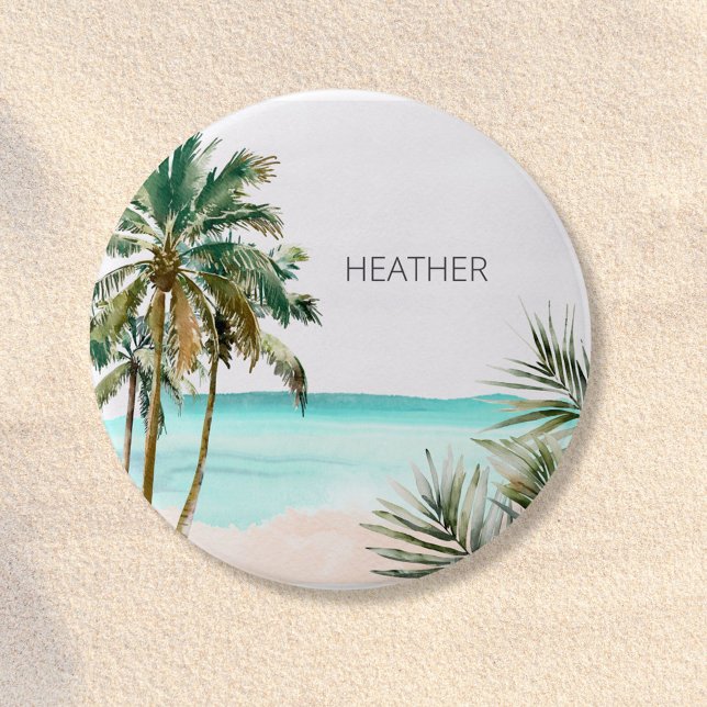 Monogrammed Tropical Palm Tree Leaves Blue Beach 7.5 Cm Round Badge (Close up)