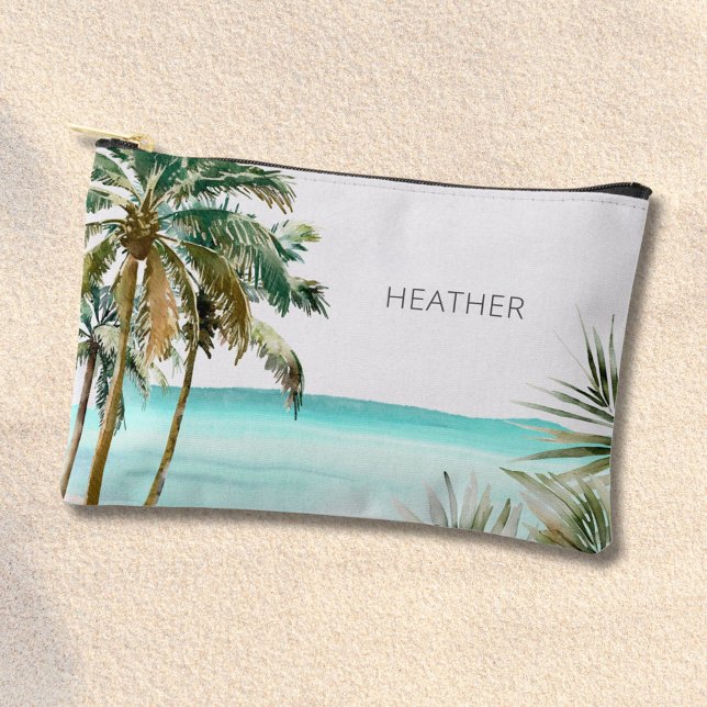Monogrammed Tropical Palm Tree Leaves Blue Beach Accessory Pouch (In situ)