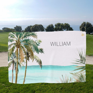 Monogrammed Tropical Palm Tree Leaves Blue Beach Golf Towel