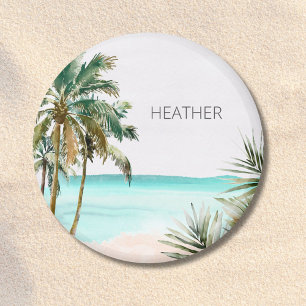 Monogrammed Tropical Palm Tree Leaves Blue Beach Magnet
