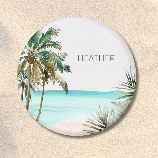 Monogrammed Tropical Palm Tree Leaves Blue Beach Magnet (In situ)