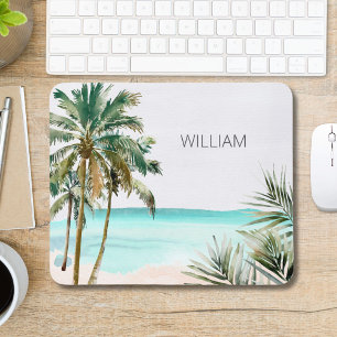 Monogrammed Tropical Palm Tree Leaves Blue Beach Mouse Mat