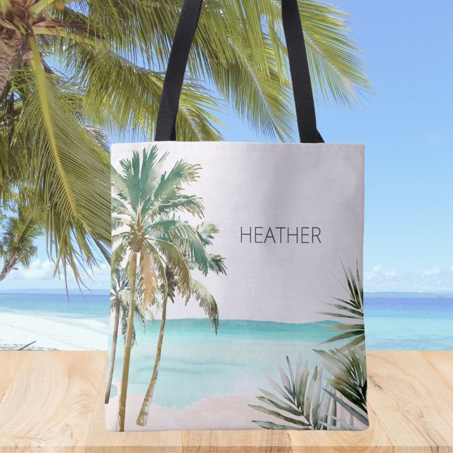 Monogrammed Tropical Palm Tree Leaves Blue Beach Tote Bag (In situ)