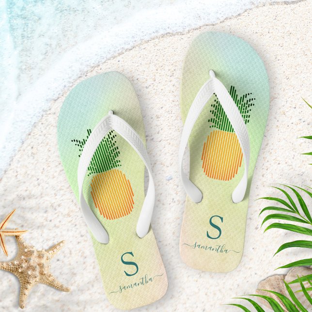 Monogrammed Tropical Pineapple Summer Flip Flops (Creator Uploaded)
