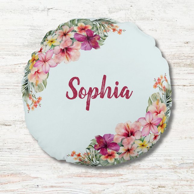 Monogrammed Tropical Pink Flowers Floral Botanical Round Cushion (Close up)