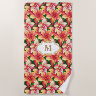 Monogrammed Tropical Pink Flowers on Forest Green Beach Towel