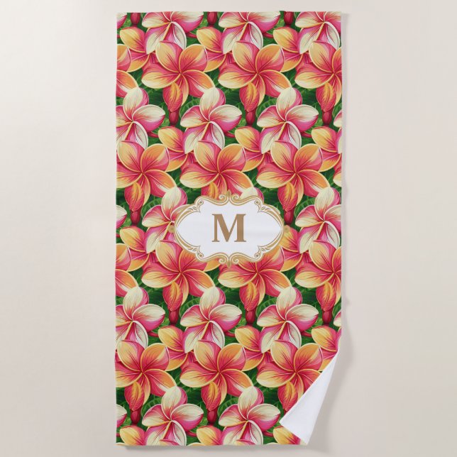 Monogrammed Tropical Pink Flowers on Forest Green Beach Towel (Front)