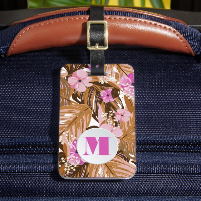 Monogrammed Tropical Plants Floral Pattern Luggage Tag (Front Insitu 2)