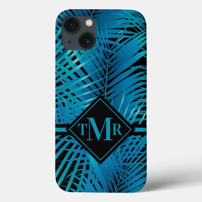 Monogrammed Tropical Turquoise Palm Case-Mate iPhone Case (Back)
