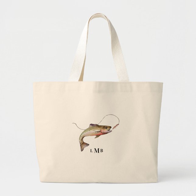 Monogrammed Trout Fishing Large Tote Bag (Front)