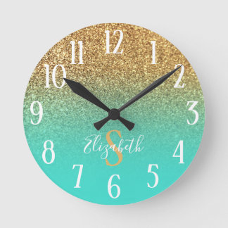 Monogrammed Turquoise and Gold Glitter Ombre Round Clock