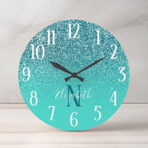 Monogrammed Turquoise and Teal Glitter Ombre Round Clock