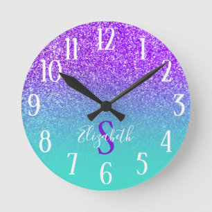 Monogrammed Turquoise and Violet Glitter Ombre Round Clock