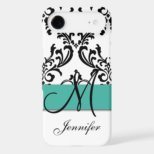 Monogrammed Turquoise Black White Swirls Damask Case-Mate iPhone Case (Back)