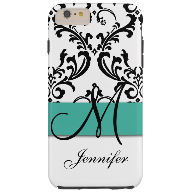 Monogrammed Turquoise Black White Swirls Damask Case-Mate iPhone Case (Back)