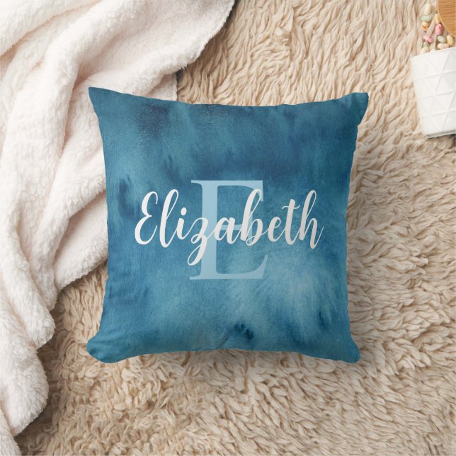Monogrammed Turquoise Blue Watercolor Abstract  Cushion (Blanket)