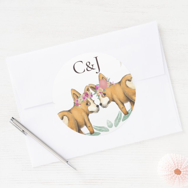 Monogrammed Two Brides Corgi Dogs Wedding Classic Round Sticker (Envelope)