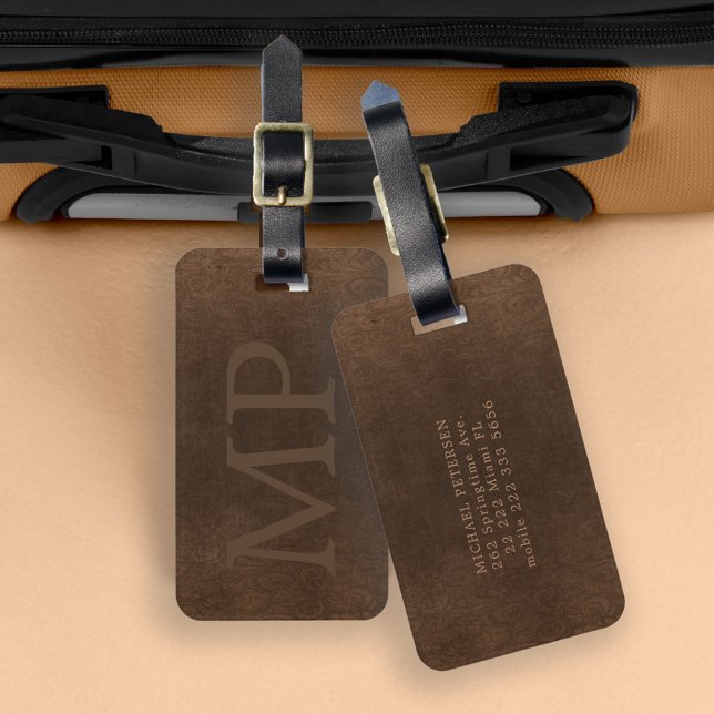 Monogrammed vintage brown leather look elegant luggage tag (Creator Uploaded)