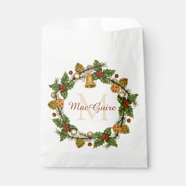 Monogrammed Vintage Elegant Christmas Wreath Favour Bags (Front)