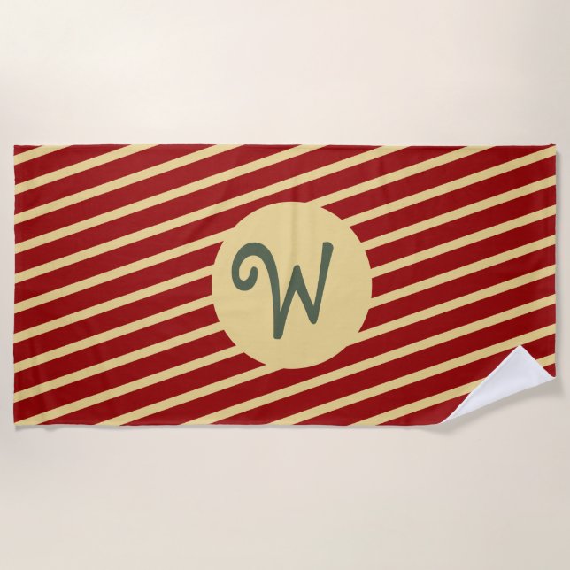 Monogrammed Vintage Golden Stripes on red Beach Towel (Front)