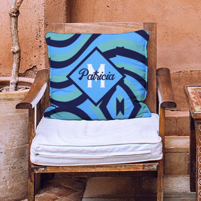 Monogrammed vintage Navy Blue & Teal psychedelic Cushion (Creator Uploaded)