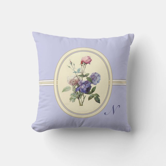 Monogrammed Vintage Pink Roses and Purple Flowers Cushion (Front)