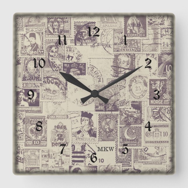 Monogrammed Vintage Postage Wall Clock (Front)