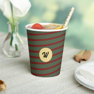 monogrammed Vintage Red & green Stripe pattern Paper Cups