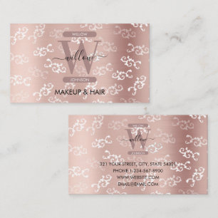 Monogrammed Vintage Rose Gold Damask Makeup Hair Business Card