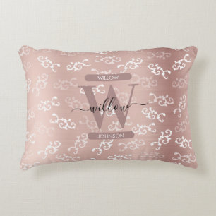 Monogrammed Vintage Rose Gold Damask Pattern Decorative Cushion