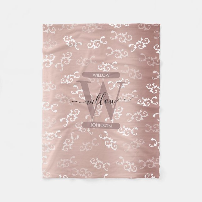 Monogrammed Vintage Rose Gold Damask Pattern  Fleece Blanket (Front)