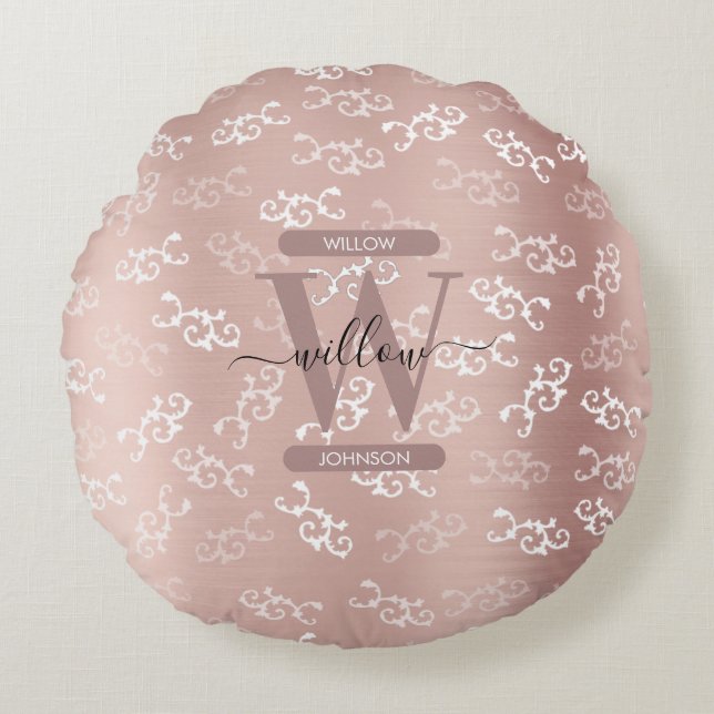 Monogrammed Vintage Rose Gold Damask Pattern Round Cushion (Front)