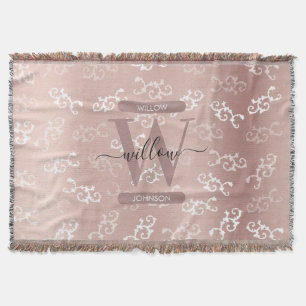Monogrammed Vintage Rose Gold Damask Pattern Throw Blanket