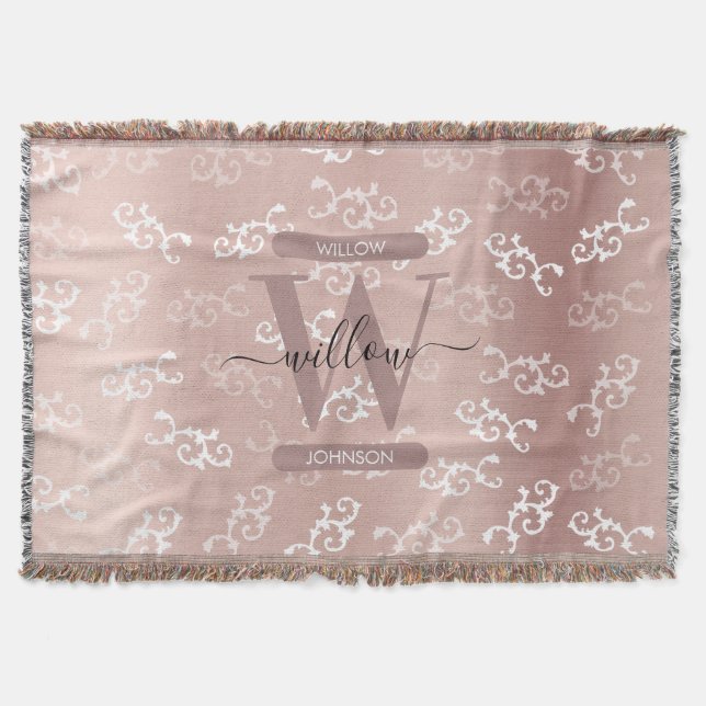 Monogrammed Vintage Rose Gold Damask Pattern Throw Blanket (Front)