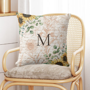 Monogrammed Vintage Rustic Sunflower Calligraphy Cushion