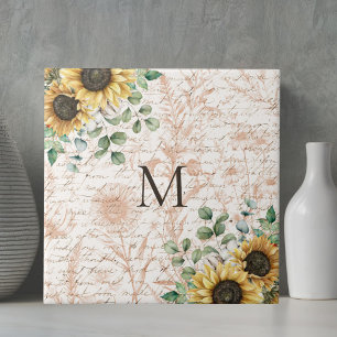 Monogrammed Vintage Rustic Sunflower Calligraphy Tile