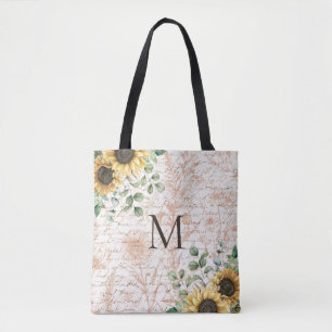 Monogrammed Vintage Rustic Sunflower Calligraphy Tote Bag