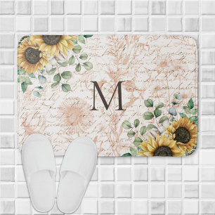 Monogrammed Vintage Rustic Sunflower Decoupage Bath Mat