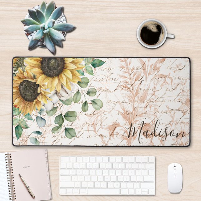 Monogrammed Vintage Rustic Sunflower Decoupage Desk Mat (In situ on office desk)