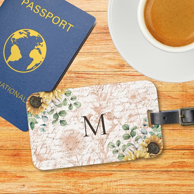 Monogrammed Vintage Rustic Sunflower Decoupage Luggage Tag (In situ on table)