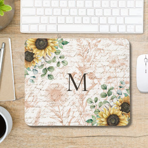 Monogrammed Vintage Rustic Sunflower Decoupage Mouse Mat