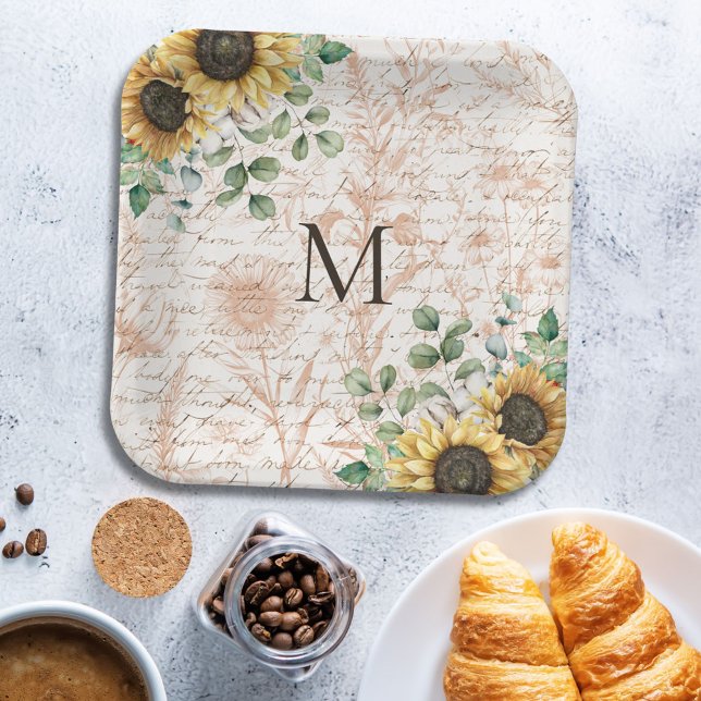 Monogrammed Vintage Rustic Sunflower Decoupage Paper Plate (In situ on dining table)