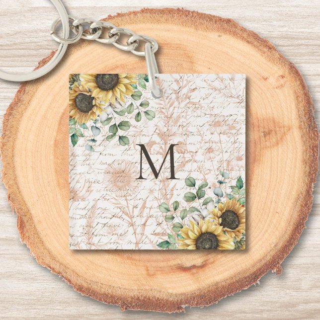 Monogrammed Vintage Rustic Sunflower Key Ring (In situ on wood)