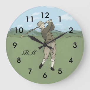 Monogrammed Vintage Style golf art Large Clock