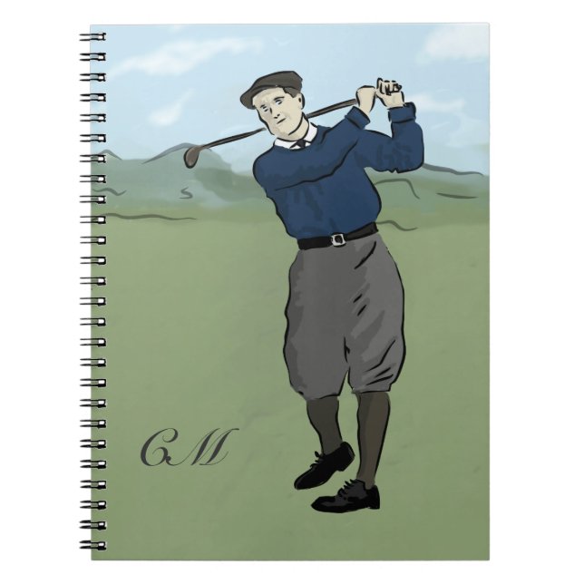 Monogrammed Vintage Style golf art Notebook (Front)