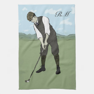 Monogrammed Vintage Style golf art Tea Towel