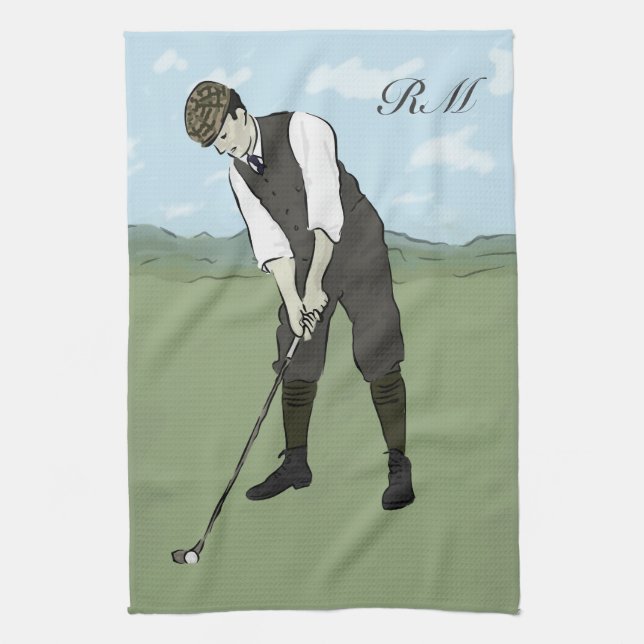 Monogrammed Vintage Style golf art Tea Towel (Vertical)